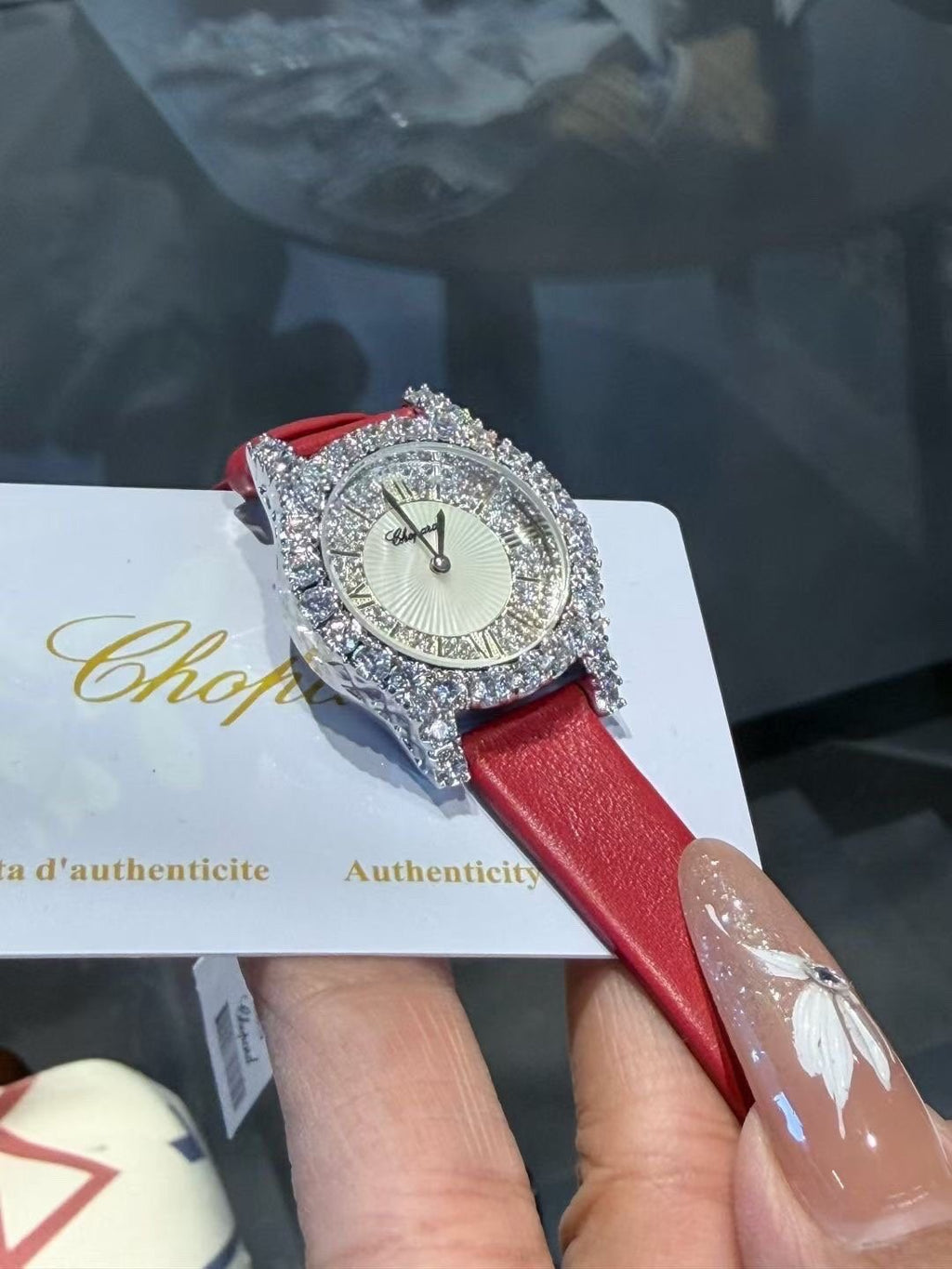 Chopard Crystal-Set Red Strap Watch — detail